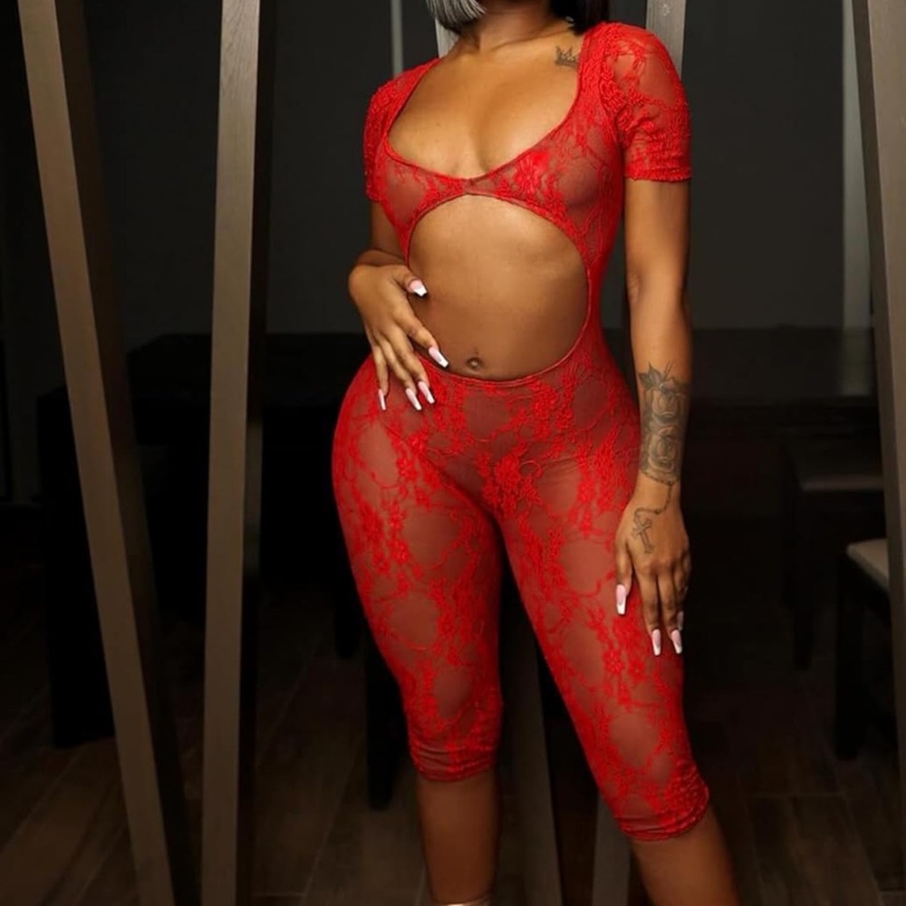 Mesh Lace Jumpsuit Bodycon Short Sleeve Backless U Neck Cut Out Romper
